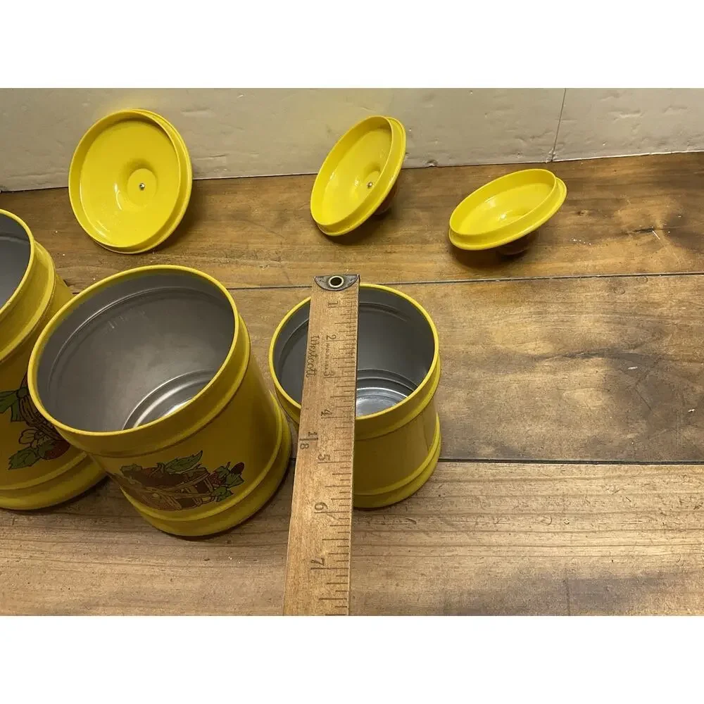 Vtg 70s Kromex Yellow Fruit Basket Aluminum Kitchen Canister Set